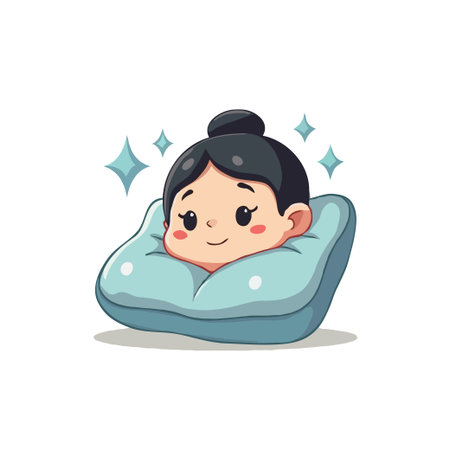 Adorable cartoon illustration of a girl resting on a soft pillow, radiating comfort and relaxation. Ideal for children's content.のイラスト素材