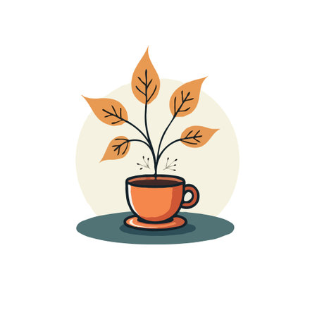 Illustration of a coffee cup with autumn leaves growing out of it, symbolizing growth and new beginnings.のイラスト素材