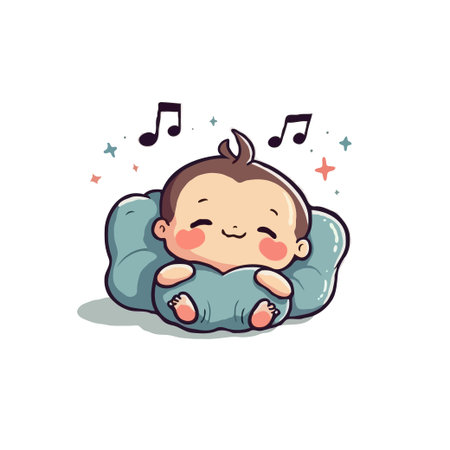 Adorable cartoon baby lying comfortably on a soft pillow, accompanied by musical notes, creating a serene scene.のイラスト素材