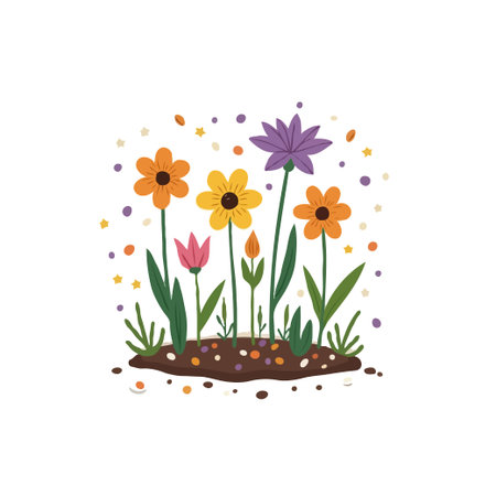 Vibrant vector illustration of a flowerbed with colorful flowers, perfect for spring or summer designs.のイラスト素材