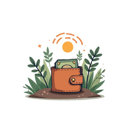 Wallet with money surrounded by plants, symbolizing financial growth and investment in nature. Concept for savings, wealth.のイラスト素材