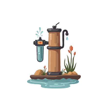 Whimsical illustration of a water pump with a filter, set in a natural scene with rocks and plants. Ideal for environmental themes.のイラスト素材