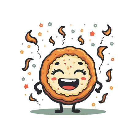 Cheerful cartoon manakish character with confetti. Perfect for food illustrations, bakery designs, and children's content.のイラスト素材