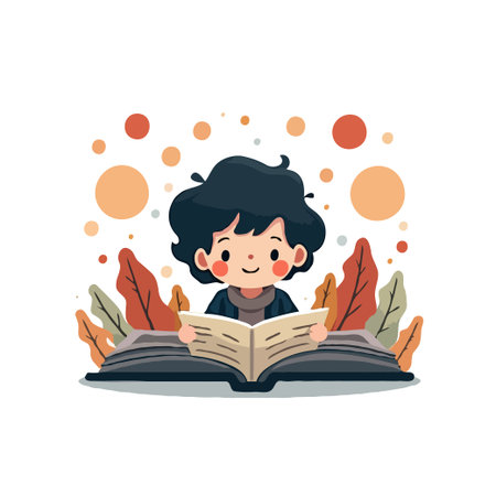 Adorable cartoon illustration of a child engrossed in reading a book, surrounded by autumn leaves and colorful dots.のイラスト素材