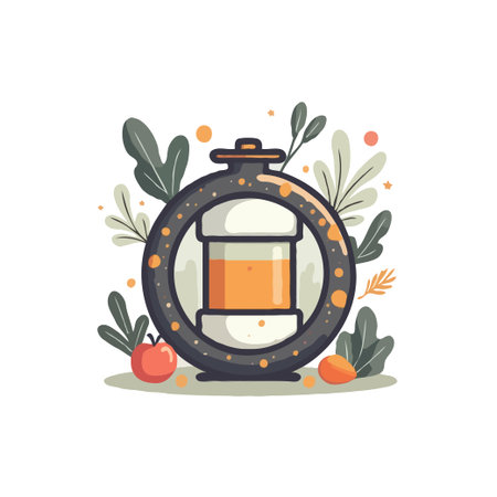 A whimsical illustration of an apothecary potion bottle surrounded by leaves, fruit, and decorative dots. Perfect for fantasy or natural themes.のイラスト素材