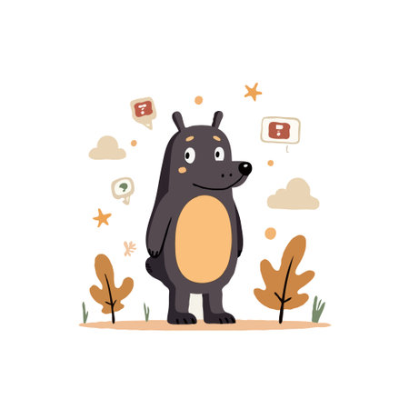 Whimsical cartoon illustration of a friendly dog character surrounded by autumn leaves and thought bubbles on white background.のイラスト素材