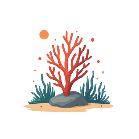 Vibrant illustration of a coral reef featuring red coral, green seaweed, and a warm sun, perfect for ocean-themed designs.のイラスト素材