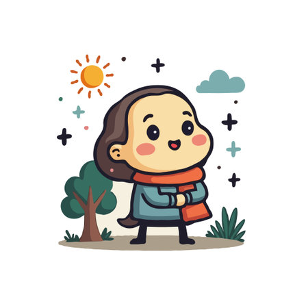 Charming cartoon illustration of a cute girl in a scarf enjoying a sunny day outdoors with trees and cheerful elements.のイラスト素材