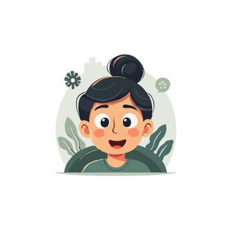 Adorable cartoon girl with bun hairstyle, surrounded by plants. Vector illustration for children's books and designs.のイラスト素材