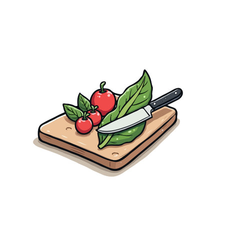 Illustration of fresh tomatoes, basil and knife on a wooden cutting board, perfect for cooking and healthy eating concepts.のイラスト素材