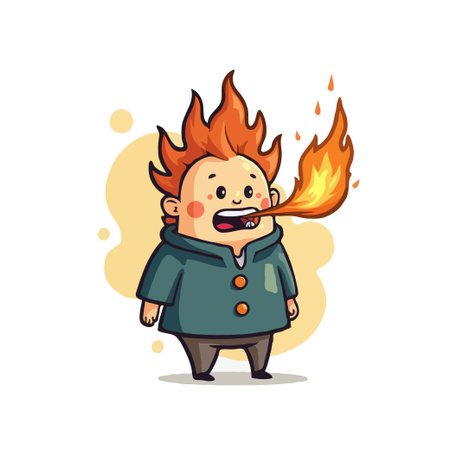 Cartoon illustration of a boy with fiery red hair breathing a stream of fire. Vector design for kids.のイラスト素材