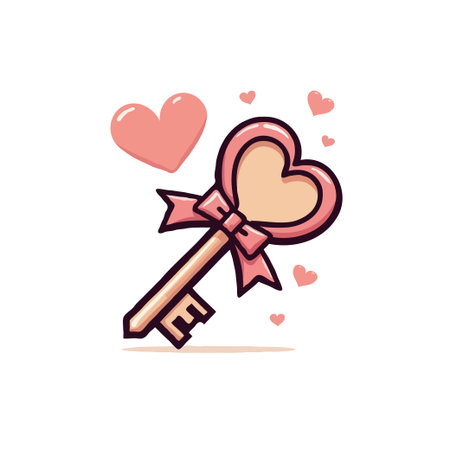 Cute heart-shaped key with a pink ribbon and floating hearts. Ideal for Valentine's Day designs.のイラスト素材