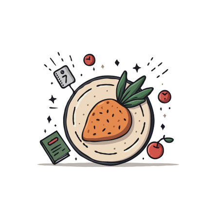 Whimsical illustration of a carrot cake slice on a plate with cherries and recipe book. Perfect for food blogs and menus.のイラスト素材