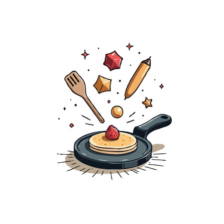 Whimsical illustration of a pancake in a pan with a strawberry, spatula, and other objects floating above.のイラスト素材