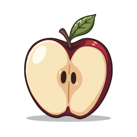 Vibrant cartoon illustration of a halved red apple with seeds and a green leaf, perfect for food-related designs.のイラスト素材