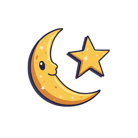 Adorable cartoon illustration of a smiling crescent moon and a shining star. Perfect for children's designs and night themes.のイラスト素材