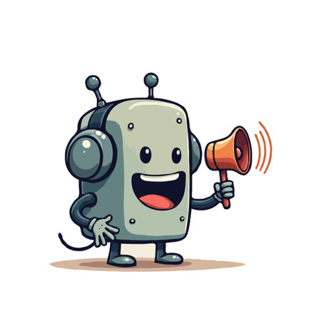 Cute cartoon robot character with a megaphone, making an announcement. Vector illustration for design and animation.のイラスト素材