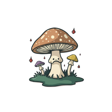 Whimsical illustration of a sad-faced mushroom surrounded by smaller mushrooms in a grassy patch, with a cartoon style.のイラスト素材
