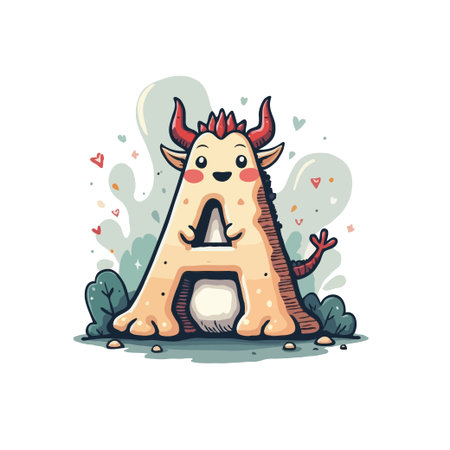 Adorable illustration of the letter A as a cute monster character with horns, tail, and friendly expression.のイラスト素材