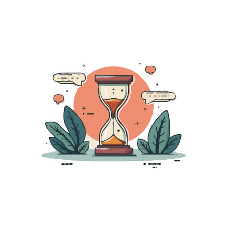 Illustration of an hourglass with sand flowing, surrounded by leaves and speech bubbles, representing time management and communication.のイラスト素材