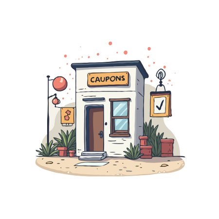 Charming cartoon illustration of a coupon store. Perfect for advertising, promotions, and savings-related content. Vector design with a playful style.のイラスト素材