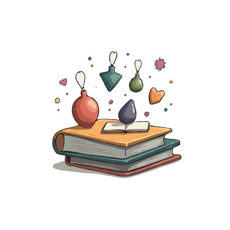 Illustration of stacked books with a quill pen, ink bottles, and heart shapes, symbolizing creative writing and education.のイラスト素材