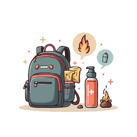 Illustration of a camping backpack with essential supplies, including fire starter and water bottle,...