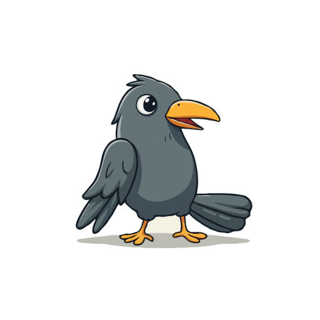 Adorable cartoon illustration of a crow with a playful expression, perfect for children's books and educational materials.のイラスト素材