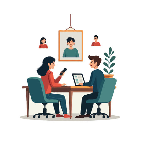 Two colleagues, a man and a woman, collaborating on a project at a modern office desk, using laptops...
