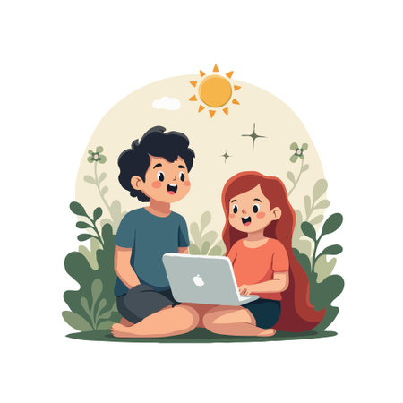 Two happy children sitting in nature, using a laptop for education or fun.
