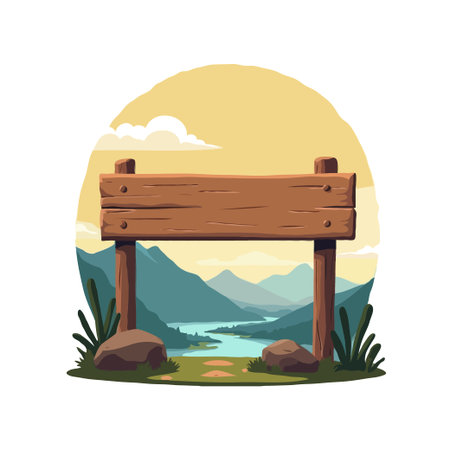 A rustic wooden signpost stands in a beautiful mountain landscape with a river and a warm sun.のイラスト素材