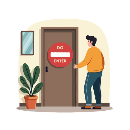 Man facing a closed door with a red 'Do Not Enter' sign, symbolizing restriction and prohibition.のイラスト素材