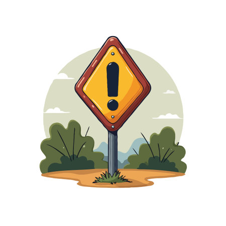 A yellow diamond warning sign with a black exclamation mark, set against a backdrop of greenery and clouds.のイラスト素材