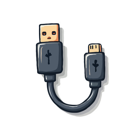 Hand-drawn illustration of a black USB cable with a USB-A and Micro USB connector, in a cute cartoon...