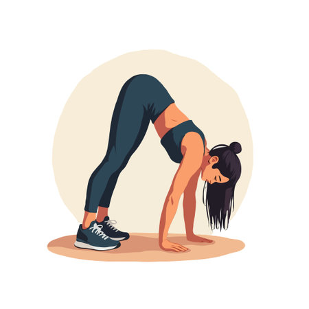 A woman in athletic wear performs a downward-facing dog yoga pose, symbolizing fitness and...