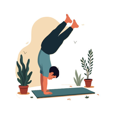 A man performing a yoga handstand exercise on a mat in a serene outdoor setting with potted plants.