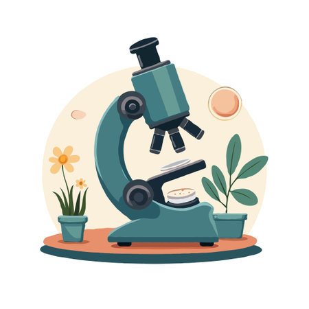 A charming illustration of a microscope with plants and a sun, symbolizing science, research, and nature.のイラスト素材