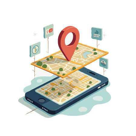Digital map on smartphone screen showing navigation route with a location pin and icons.