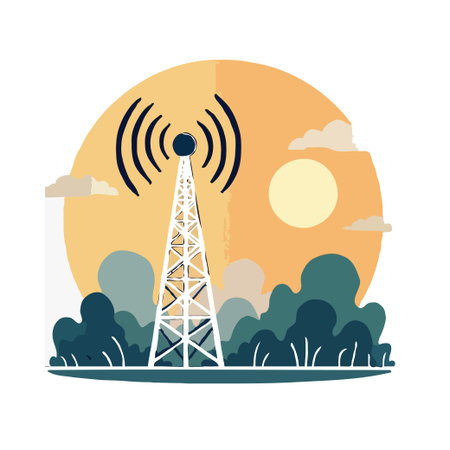 A communication tower transmitting signals against a vibrant sunset sky, surrounded by trees and clouds.のイラスト素材