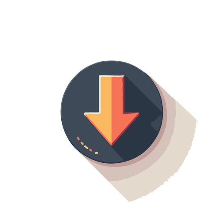 A modern flat design icon featuring a downward-pointing arrow within a circular button, symbolizing...