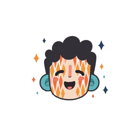 A happy, smiling face with a unique diamond pattern and sparkling background elements.