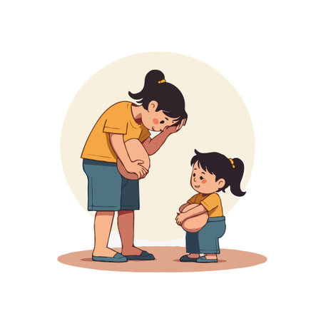 A pregnant mother and her young daughter share a tender moment, both cradling their bellies with gentle smiles.のイラスト素材