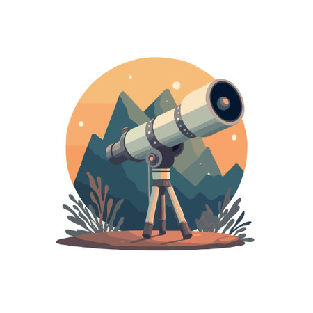 A telescope on a tripod is set up in a natural landscape with mountains and a sunset.