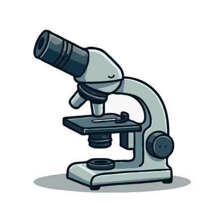 A simple, clean cartoon illustration of a microscope, representing science, discovery, and...