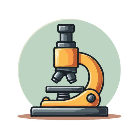 A stylized yellow microscope icon, representing science, research, and discovery, set against a soft...