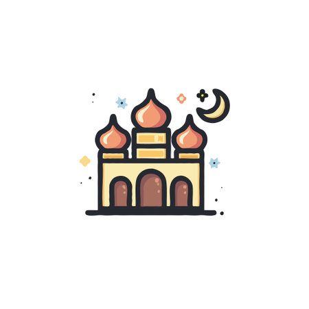Stylized icon of a mosque with domes, crescent moon, and stars. Perfect for Islamic holidays and cultural themes.のイラスト素材