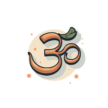 Stylized Om symbol with a green leaf and orange dots on a light background. Represents spirituality and peace.のイラスト素材