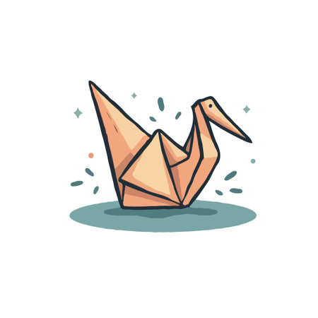 A delicate peach-colored origami crane, a symbol of peace and good fortune, rests on a teal surface with subtle sparkling accents.のイラスト素材