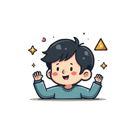 A cheerful cartoon boy with dark hair and rosy cheeks waves his hands in excitement, surrounded by sparkling stars and geometric shapes.のイラスト素材