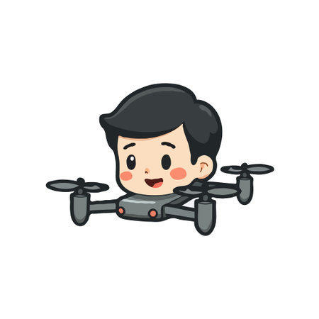 Adorable chibi boy character flying on a drone, representing technology and fun.